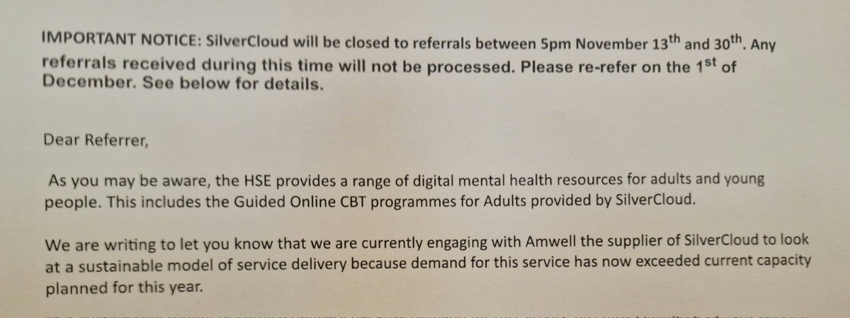 Utterly frustrating for both patients and their GPs.
We have literally no access to primary care psychology and now online services have 'exceeded current capacity planned for the current year'
Another example of the HSE allowing an on-off-switch approach to services.
