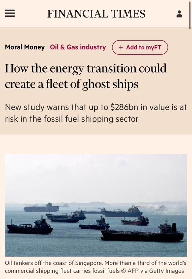 More than a third of the world’s commercial shipping capacity carries fossil fuels, including:  

🛢️13,000 oil tankers
🚢 3,000 LNG/LPG tankers 
 ⛏️2,500 bulk carriers transporting coal

A large proportion of the world’s shipping fleet are ghost ships in the making, even if their