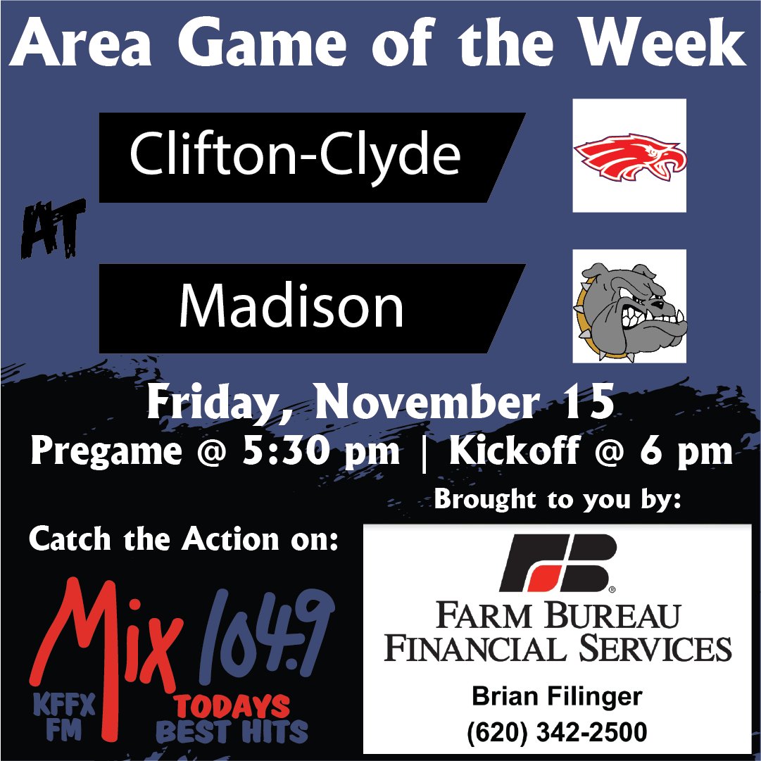 DSherwoodSJ's tweet photo. GAMEDAY

8M DI Sectional Championship Game 

8M DI No. 6 Clifton-Clyde (8-2) at @madisonbulldogs  (7-3)
📍DeWitt Family Sports Stadium
Kickoff 6 p.m./pregame 5:30 p.m. 
📻 Mix 104.9 
💻 https://t.co/Xcrw4FSWiR
📱Audacy App (Search Mix 104.9)

@coachteich @coachsteinbrock #KSPreps https://t.co/NysOhNsy0W