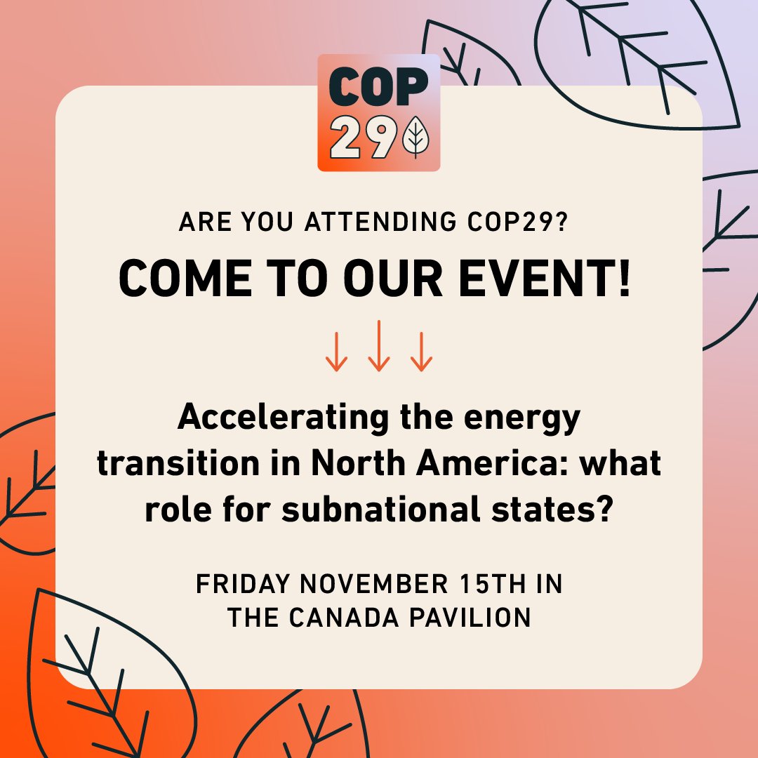 IISD_Energy's tweet photo. ⏰ Starting in 1hr at #COP29: Take a closer look at the role subnational governments can play in accelerating North America’s #EnergyTransition!
📍 Canada Pavilion

Plus stay tuned here to follow as we share updates from the conversation LIVE!
Learn more: https://t.co/6FOQmrylgN https://t.co/1EM2PGVmn6