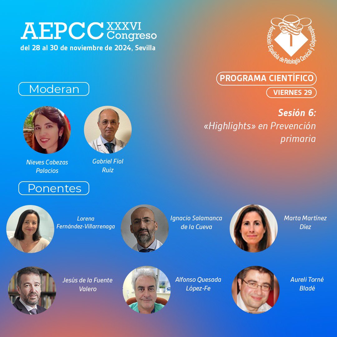 Hablaremos de los aspectos más importantes de la #prevención primaria en la sesión 6 del Congreso #AEPCC2024.
Grandes expertos hablarán de prevención no vacunal, inmunidad de grupo, vacunación en adultos, nuevos esquemas, prevención de lesiones VIN/VAIN y vacunas terapéuticas.