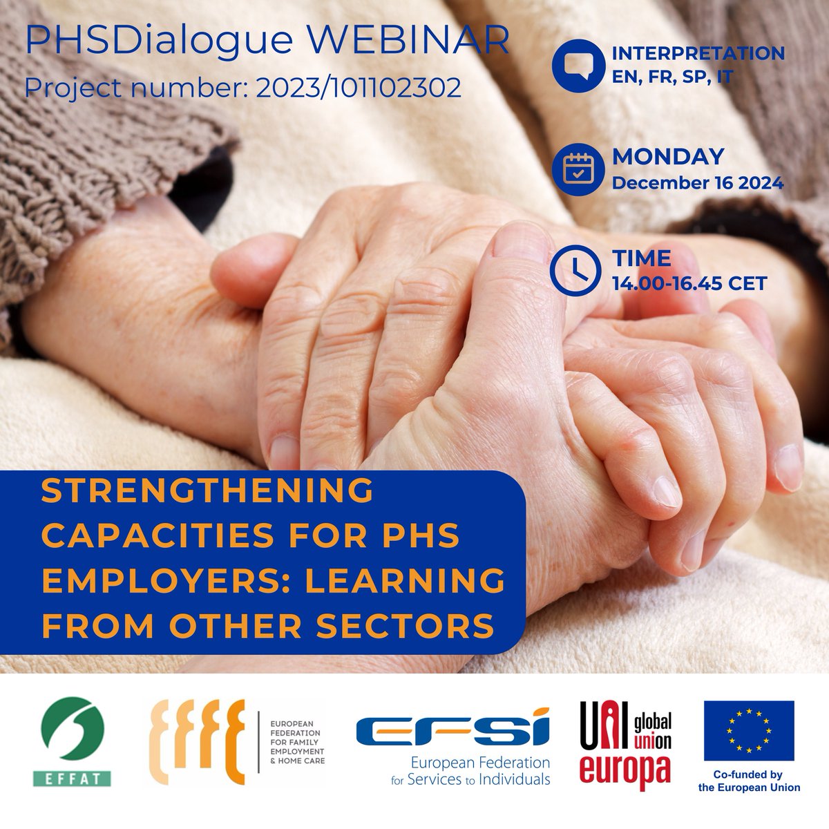 EFSI_EU's tweet photo. 📅 Save the Date! PHSDialogue Webinar on Capacities for #PHServices Employers organized by EFSI @EFFE_EU coming next month.
🗓 Dec 16, 2024
🕒 14:00 - 16:45 CET
🌐 Online, with interpretation in EN, FR, IT, SP
👉 stay tuned for more info!
#Homecare #CareSector #Employers https://t.co/SqF5pf2jSs