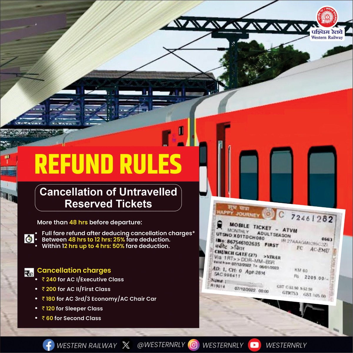 wrdrmrjt's tweet photo. Know your rights!
Stay informed about the refund rules for railway tickets to make your journey smoother.
Check the guidelines to understand when and how refunds can be applied for on cancellations.
#RefundRules
#ResponsibleRailYatri
@WesternRly https://t.co/cYYzG3EsE2
