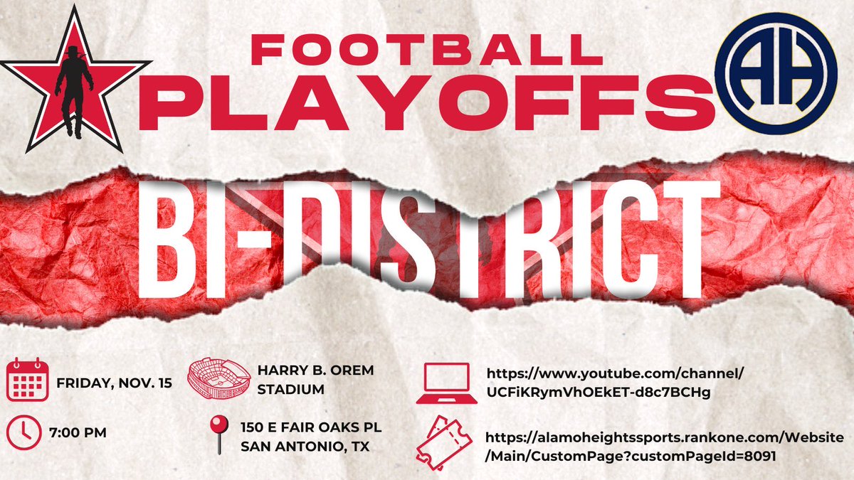 CoachJBrazil's tweet photo. Game #11
BI DISTRICT PLAYOFFS
@wbrayfootball vs Alamo Heights
7 PM @ SA Alamo Heights
Thanks to @ccisdathletics_ for all the info graphic!
First time since 2018 the Texans are in the UIL 5A Playoff and face a very talented AH team… but WHY NOT US!!! #WINTHEDAY #GoRayGo https://t.co/0bPGgsLZ9y