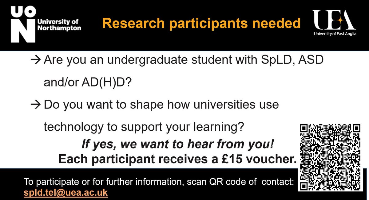 AAchtypi's tweet photo. 🔊Participants needed🔉
If you are an undergradute student with SpLD, ASD and or AD(H)D at the University of Northampton and you use technology to support your learning check this 👇🏻 out! https://t.co/NBEn0UdV3c