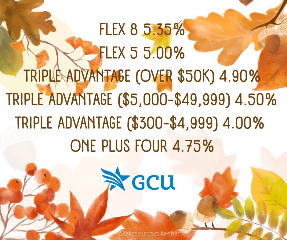 GCUofUSA's tweet photo. The only thing we see falling are the leaves! 🍁 👀 Check out these rates 👇👁️ 📈

Learn more about saving for the future with competitive rates here: https://t.co/EWAwgUL1eu https://t.co/JO2c7dh2Ag