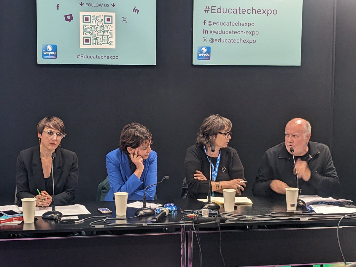 educatechexpo's tweet photo. L'école, un îlot déconnecté ? Une table ronde passionnante organisée par le @cafepedagogique pour bien terminer ces 3 jours à #EducatechExpo. Djéhanne Gani donne la parole à @EdwigeChirouter, @najatvb et @jmlebaut 💬 "L'éducation au #numérique passe par l'éducation à l'empathie" https://t.co/GVU43J2dbQ