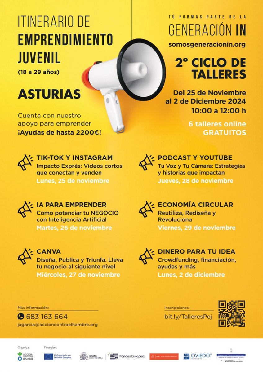 Continuamos y vamos a por el 2º Ciclo de TALLERES ¡¡¡¡  Si conoces a algún joven de entre 18 a 29 Años y que tenga una idea de NEGOCIO, que se ponga en contacto conmigo que le ayudaremos¡ #GeneracionIN Más Info jagarcia@accioncontraelhambre.org y en el 683163664