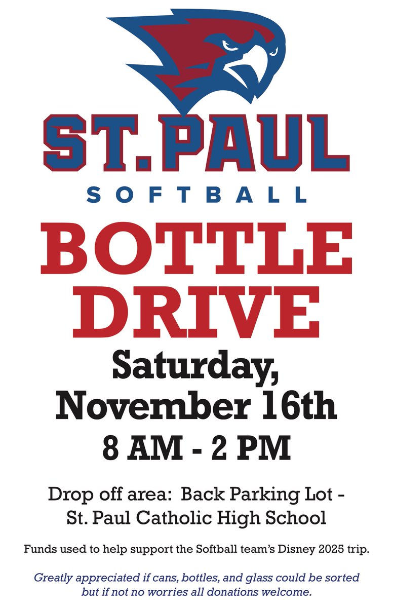 StPaul_Softball's tweet photo. Tomorrow’s the day! Bring over any cans/bottles to St.Paul to help support our team! 🥎 #ctsb https://t.co/K5aIKBM0nk