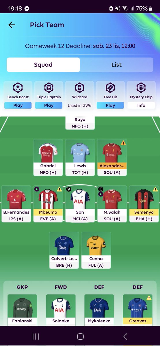 DaVDSikorski's tweet photo. @fplpoland 🌍 OR: 560k
🍟 Zużyte chipy: WC1
✅ Najlepsza decyzja: odkupienie Bruno na GW8
❌ Najgorsza decyzja: Wybór DCL zamiast Wooda na WC w GW6 (nadal boli)

Teraz 2 FT, które (jeśli wszyscy będą zdrowi) zamierzam wykorzystać w ten sposób:
DCL ➡️ João Pedro
Son ➡️ Saka/Palmer https://t.co/mlVDXl3bOF