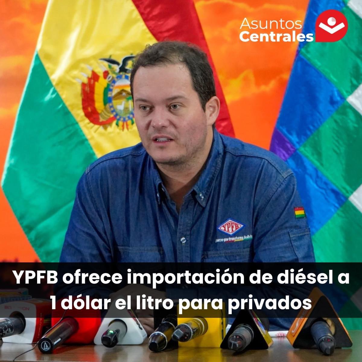 AsuntoCentral's tweet image. #AsuntosCentrales #YPFB #combustible YPFB ofrece su logística a empresas y particulares para importar diésel a un dólar por litro, con entrega en las plantas de Senkata o Palmasola. El servicio incluye el apoyo de Botrading de YPFB para facilitar la importación.