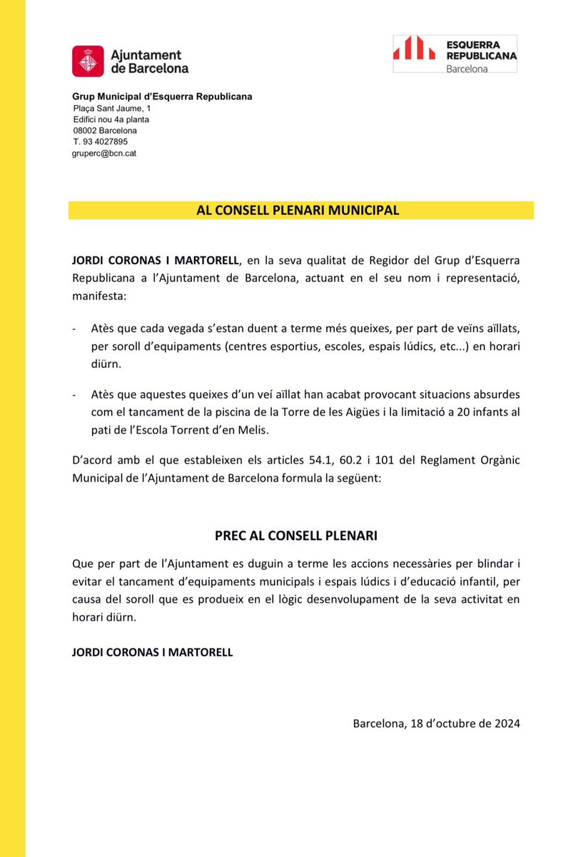 Els infants no fan "soroll". Aquestes notícies entristeixen. Les escoles no tenen un lobby darrera que els faci vídeos i campanyes. Les escoles no fan soroll a les nits. Els infants avui veuen retallats els seus drets a jugar i compartir. @ercbcn ja vam demanar solucions al Ple.