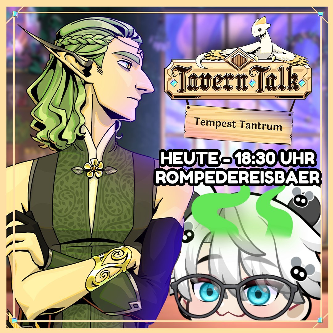 HEUTE Abend um 18:30 Uhr spielen wir Tavern Talk!

Diese Woche kam das DLC "Tempest Tantrum" raus und ich habe so Bock auf 3+ Stunden neue Story, einen neuen Charakter und neue Drinks!

Kommt gerne vorbei!
-&gt; twitch.tv/RompeDerEisbaer

@taverntalkgame #GERVtuber #Vtuber #TwitchDE