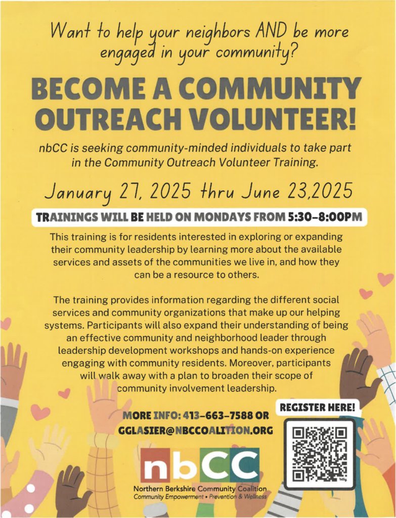 Northern Berkshire Community Coalition is looking for Community Outreach Volunteers.