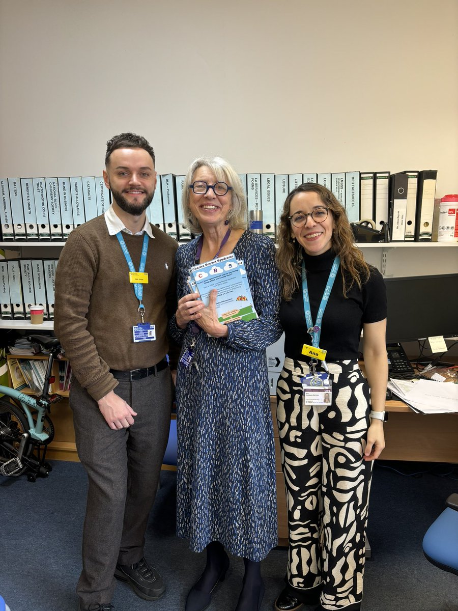 Judith Potts (@judithpotts) on Twitter photo Charles Bonnet Syndrome Awareness Day. I am at <a href="/Moorfields/">Moorfields Eye Hospital NHS Foundation Trust</a> Paediatric Clinic to hear children’s experiences of CBS. Pictures show smiling Ophthalmologist, <a href="/AnaCatalinaRod7/">Ana Catalina Rodriguez</a> Psychologist, <a href="/jones_lee1/">Lee Jones</a> and Family Support Specialist, Jean Cavanagh Charles Bonnet Syndrome Awareness Day. I am at <a href="/Moorfields/">Moorfields Eye Hospital NHS Foundation Trust</a> Paediatric Clinic to hear children’s experiences of CBS. Pictures show smiling Ophthalmologist, <a href="/AnaCatalinaRod7/">Ana Catalina Rodriguez</a> Psychologist, <a href="/jones_lee1/">Lee Jones</a> and Family Support Specialist, Jean Cavanagh