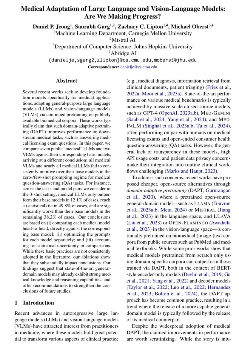 There is a lot of energy going into fine-tuning models, but specialized medical AI models lost to their general versions 38% of the time, only won 12%. 

Before spending millions on specialized training, might be worth exploring what base models can do with well-designed prompts.