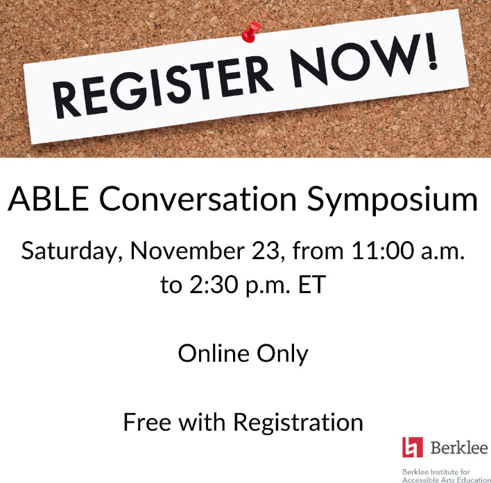 #FineArtsEdNebraska Ts interested in accessible arts ed check out <a href="/BerkleeCollege/">Berklee College of Music</a> ABLE Conversation Symposium, Sat. Nov. 23, 10 AM-1:30 PM CT. bit.ly/BerkleeABLE Free. Best practices, new research, learn together. <a href="/NDE_News/">NDE NEWS</a> <a href="/NDE_SPED/">Amy Rhone</a> <a href="/nebraskaATP/">NE ATP</a> <a href="/ESUCC/">ESUCC</a> <a href="/NDE_TLA/">Allyson DenBeste</a>