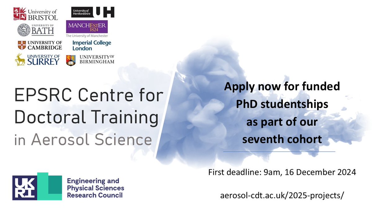 Bristol Chemistry (@bristolchem) on Twitter photo Apply now for a funded PhD with the <a href="/EPSRC/">Engineering and Physical Sciences Research Council</a> #CDT in #AerosolScience. If you aspire to work in multidisciplinary teams and have an academic background in physical, environmental, health sciences or engineering we want to hear from you! aerosol-cdt.ac.uk/2025-projects/ #phdstudentship Apply now for a funded PhD with the <a href="/EPSRC/">Engineering and Physical Sciences Research Council</a> #CDT in #AerosolScience. If you aspire to work in multidisciplinary teams and have an academic background in physical, environmental, health sciences or engineering we want to hear from you! aerosol-cdt.ac.uk/2025-projects/ #phdstudentship