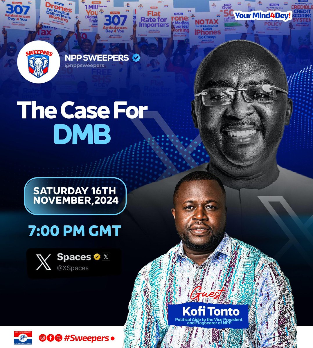 Andybemmah01's tweet photo. @nppsweepers 
Tune in and engage in the conversation with NPP Sweepers hosting Kofi Tonto

Live on  saturday 16th of November.
Exactly at 7pm on X (Twitter).
#YourMind4dey https://t.co/i5oFIgsLrY