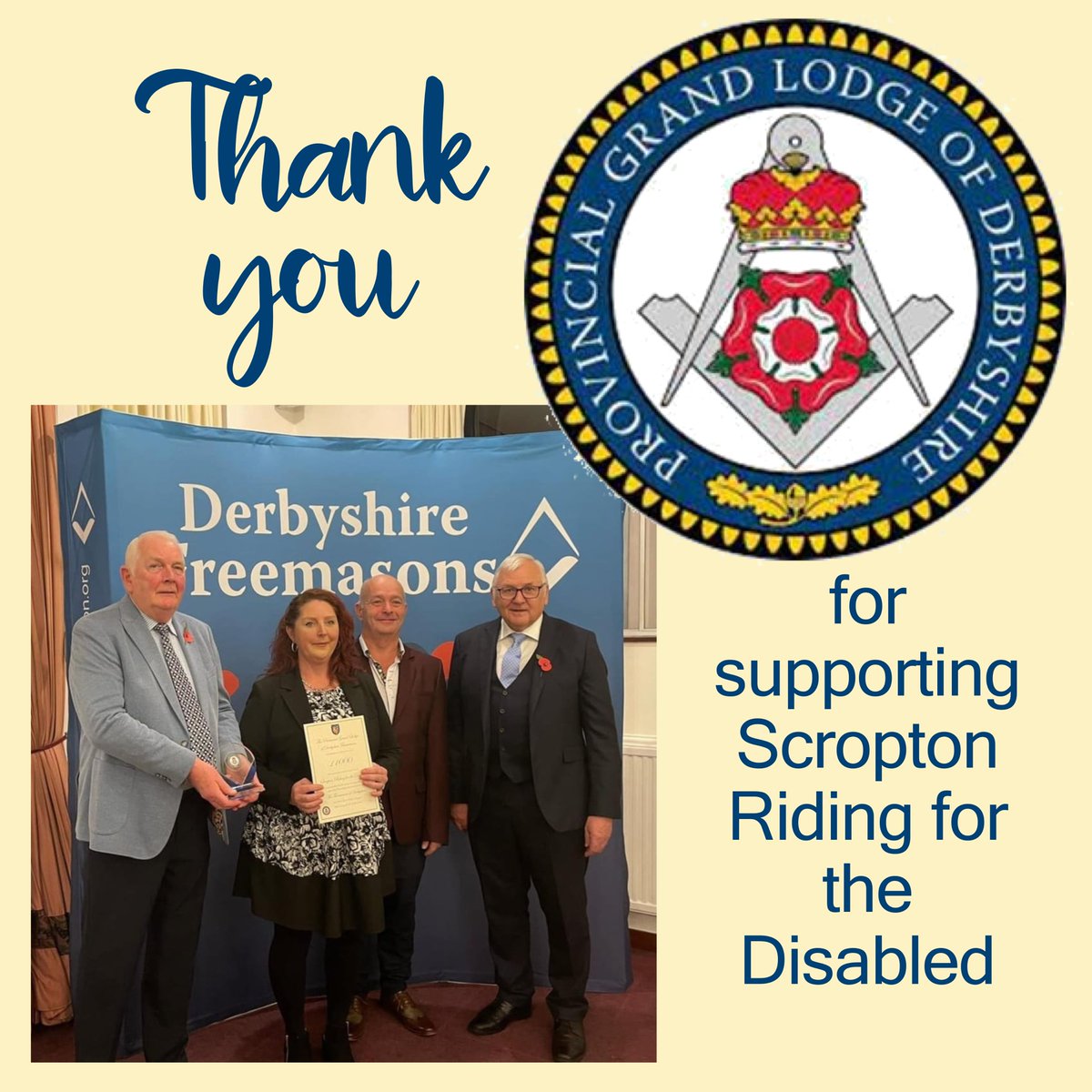 Scropton Horse Centre (@scroptonhc) on Twitter photo We'd like to say a huge thank you to <a href="/DerbysFreemason/">Derbyshire Freemasons</a> for their recent donation of Β£1000 to Scropton Riding for the Disabled.
Your support makes all the difference to the opportunities we're able to offer ππ»
#thankyouneighs
#StrongerTogether
#TransformingLives We'd like to say a huge thank you to <a href="/DerbysFreemason/">Derbyshire Freemasons</a> for their recent donation of Β£1000 to Scropton Riding for the Disabled.
Your support makes all the difference to the opportunities we're able to offer ππ»
#thankyouneighs
#StrongerTogether
#TransformingLives