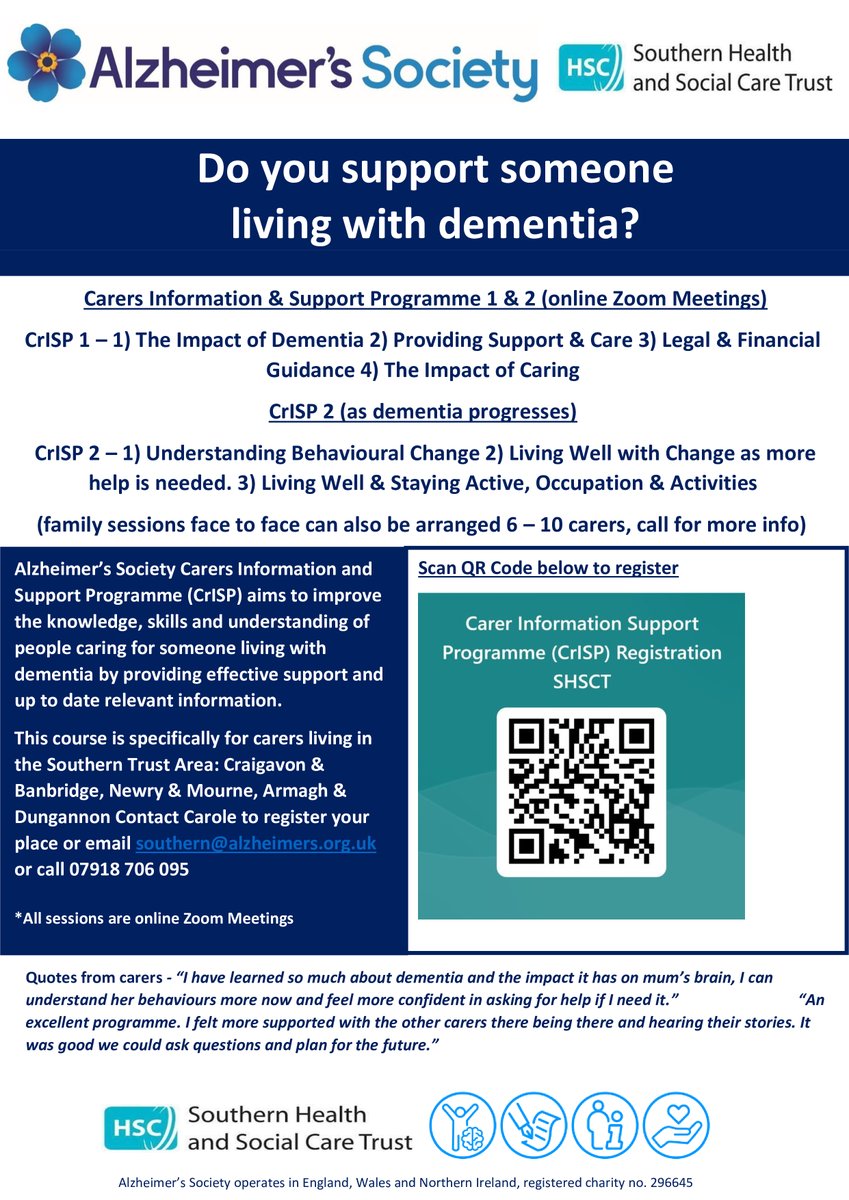 ABCCommNetwork's tweet photo. @alzheimerssoc 

Do you support someone living with dementia?

Contact Carole to register your place or email southern@alzheimers.org.uk
or call: 07918 706 095

*All sessions are online Zoom Meetings

Click Here to Register (CrISP): https://t.co/jn0fEAq23s https://t.co/GcDC5oJHu4