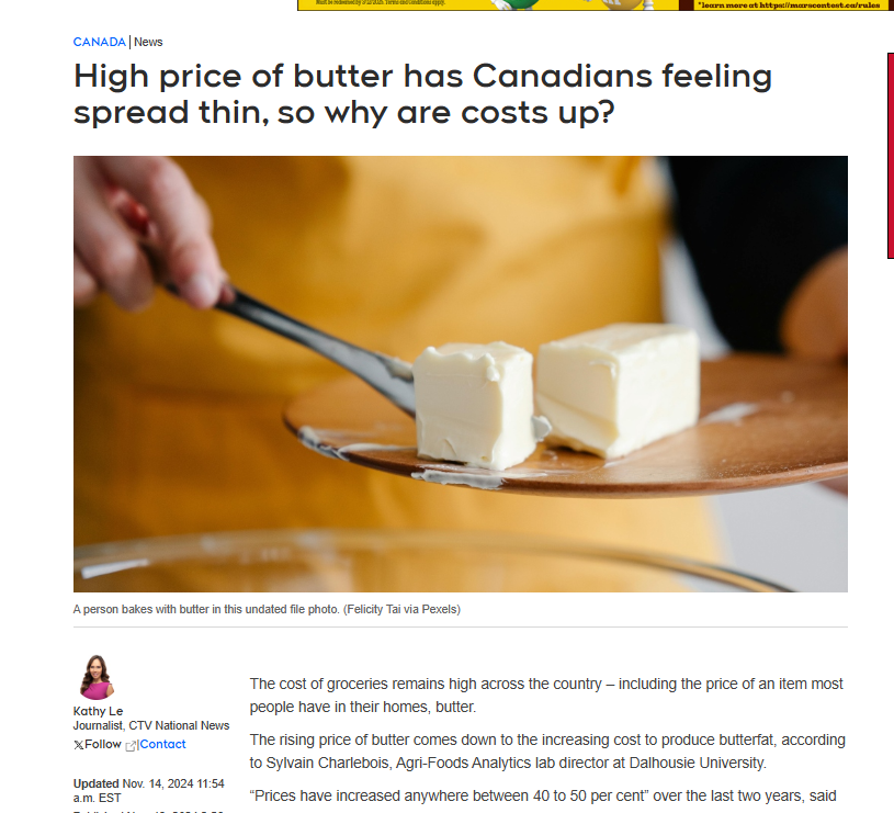 An entire article about the cost of butter

not a single mention of the soviet-style supply managed system

not a single mention of milk dumping

not a single mention that you need a $53,000 permit to milk a cow

not a single mention that import are effectively banned

not a