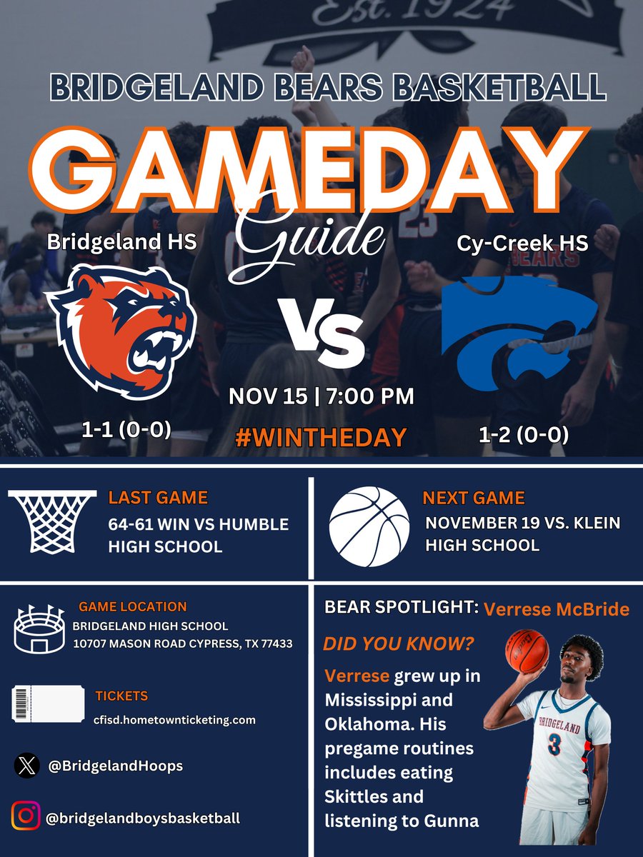 BridgelandHoops's tweet photo. GAME DAY! HOME OPENER! LET'S GO!

#WinTheDay

Game Times:
9A/B: 4:00 p.m.
JV/Soph: 5:30 p.m.
Varsity: 7:00 p.m.

TICKETS:

https://t.co/f7qeCJkOvV https://t.co/n3HxiJotLW