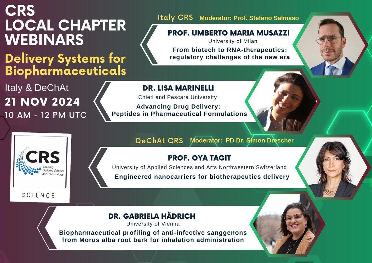 Controlled Release Society - GerChAt Chapter (@crs_dechat_lc) on Twitter photo Together with <a href="/CRS_Italia/">CRS Italy Local Chapter</a>, we'll host a webinar on the 21st of November from 11:00 AM to 1:00 PM (CET). Following four talks on Delivery Systems for Biopharmaceuticals, there will be a joint discussion round. Registration: crs.site-ym.com/events/registe… <a href="/CRSScience/">Controlled Release Society</a> Together with <a href="/CRS_Italia/">CRS Italy Local Chapter</a>, we'll host a webinar on the 21st of November from 11:00 AM to 1:00 PM (CET). Following four talks on Delivery Systems for Biopharmaceuticals, there will be a joint discussion round. Registration: crs.site-ym.com/events/registe… <a href="/CRSScience/">Controlled Release Society</a>