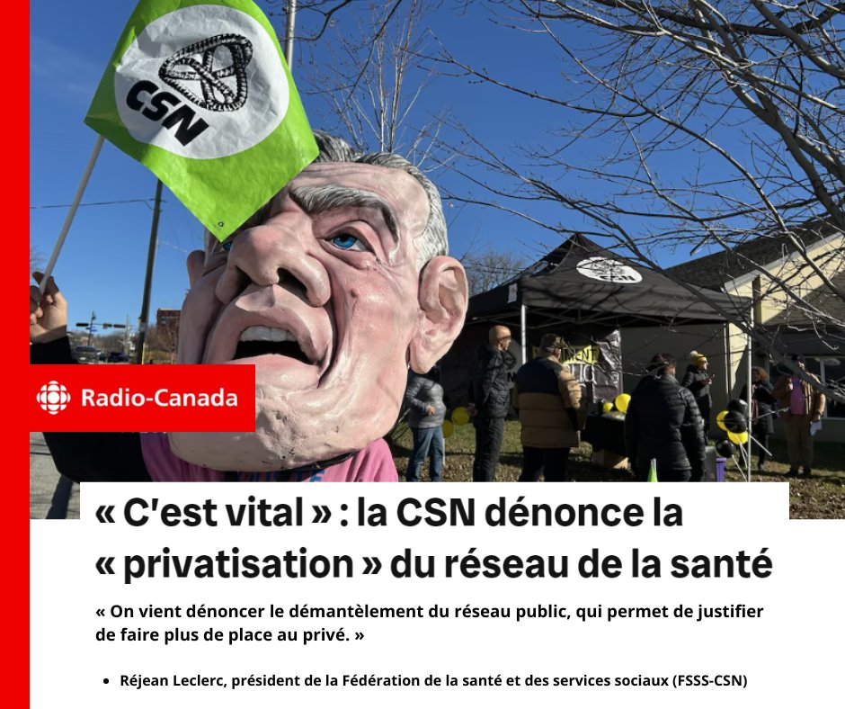 FSSSCSN's tweet photo. « On vient dénoncer le démantèlement du réseau public, qui permet de justifier de faire plus de place au privé. »
- Réjean Leclerc, président de la FSSS-CSN
➡️ https://t.co/lHZeLp7uBO
#polqc #mouvementCSN @laCSN @RadioCanadaInfo #FSSS https://t.co/LcIqYefQfL