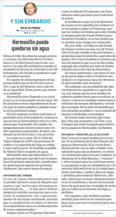 Con planeación y previsión estratégicas se puede hacer frente exitosamente a la sequía que padece Hermosillo y el estado de Sonora.