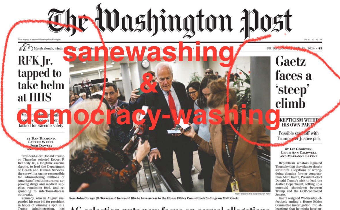 FixMediaNow's tweet photo. Americans don’t realize the ongoing crisis and looming catastrophes BECAUSE legacy media fails to communicate the accelerating fascist assault on America. #TrumpAppointments
#Democracywashing - normalization of the fascist subversion of democracy and society by deceptively presenting it as “politics”
@jeffjarvis @froomkin @NewsJennifer @MarkHamill @Martina @Sulliview @davetroy @ruthbenghiat @nhannahjones @whstancil @Mr_Electrico @SimonWDC @brianstelter