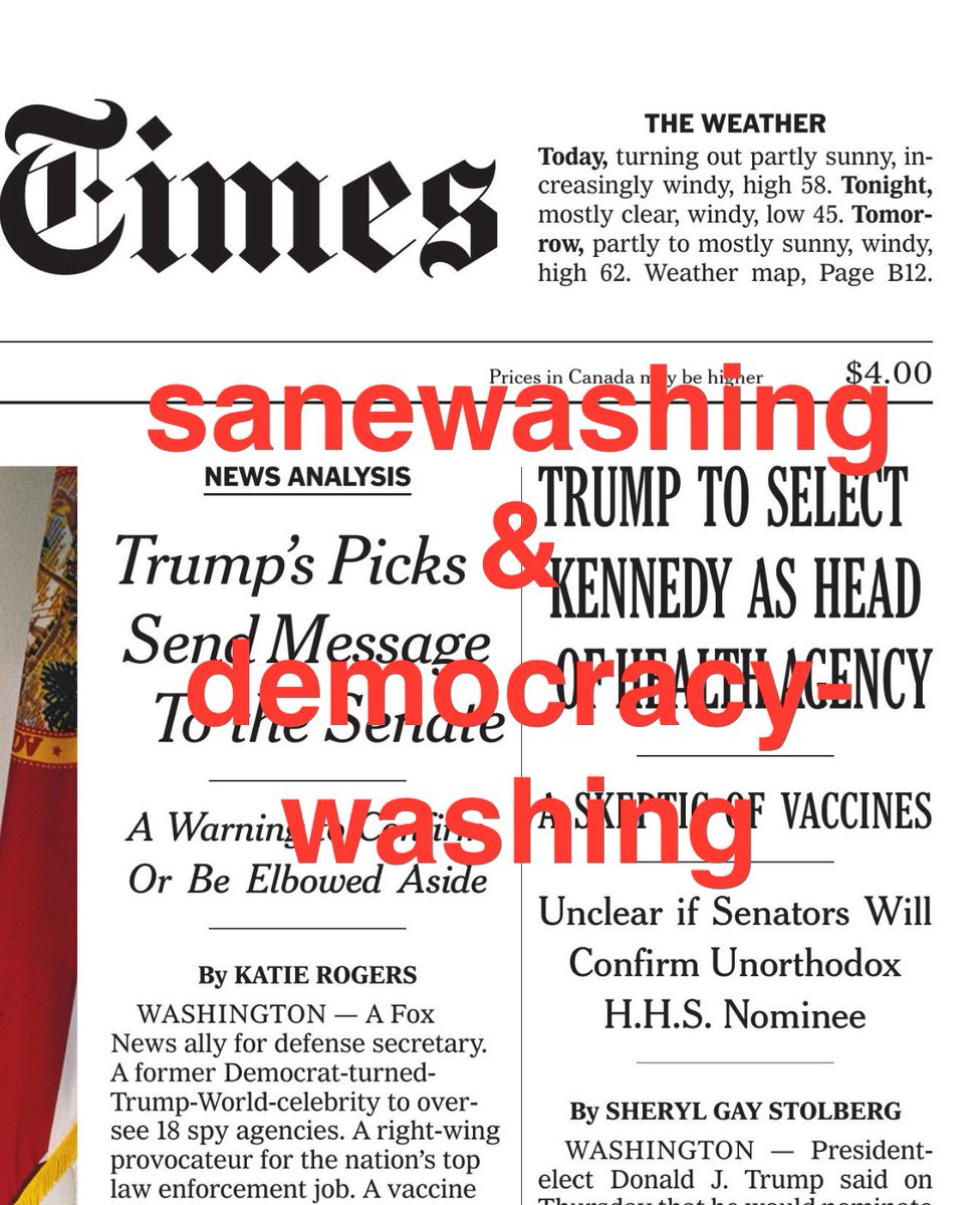 FixMediaNow's tweet photo. Americans don’t realize the ongoing crisis and looming catastrophes BECAUSE legacy media fails to communicate the accelerating fascist assault on America. #TrumpAppointments
#Democracywashing - normalization of the fascist subversion of democracy and society by deceptively presenting it as “politics”
@jeffjarvis @froomkin @NewsJennifer @MarkHamill @Martina @Sulliview @davetroy @ruthbenghiat @nhannahjones @whstancil @Mr_Electrico @SimonWDC @brianstelter