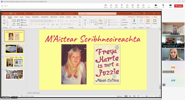 corkcolibrary's tweet photo. Inniu, bhí ár gcéad ceann de ár imeachtaí One County One Book ar líne againn leis an údar Éireannach Méabh Collins.
‘Sé 'Freya Harte is Not a Puzzle' an chéad úrscéal a scríobh Méabh agus is scéal suimiúil agus íogaireacht é faoi thaithí chailín uathach sna déaga.
Labhair Méabh faoina próiseas scríbhneoireachta agus thug sí leideanna spreagúla do dhaltaí maidir leis an scríbhneoireacht.
Bhaineamar go léir an-taitneamh as aithne a chur ar Méabh agus táimid ag súil go mór í a fheiceáil arís in imeachtaí níos déanaí sa mhí.
Tá cóipeanna de 'Freya Harte is not a Puzzle' ar fáil ó do bhrainse leabharlann áitiúla agus ó leabharlanna taistil Chontae Chorcaí.

Today, we had our first One County One Book online event with the Irish author Méabh Collins.
‘Freya Harte is Not a Puzzle’ is Méabh’s first novel and is a touching and captivating story about the experiences of an autistic teenage girl.
Méabh spoke about her writing process and she gave encouraging tips to students on writing.
We all enjoyed getting to know Méabh and we’re looking forward to see her again in future events.
Copies of ‘Freya Harte is not a Puzzle’ are available from our Cork County Library branches and mobiles.

#TeenLiteratureFestival2024 #OneCountyOneBook #YoungAdultReads
@soundslikewave 
@creativeirl 
@HealthyIreland 
@Corkcoco
@LibrariesIre 
@OBrienPress