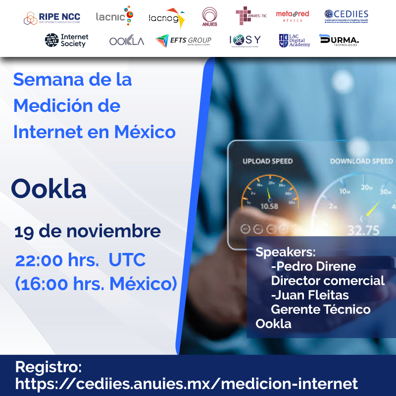 cediies's tweet photo. 📡💻 ¡No te pierdas el webinar de Mediciones Ookla! 🚀 Únete este 19 de noviembre a las 16:00 h México,  
📍 Regístrate ahora en  https://t.co/XjU5u1ish9   

@anuiestic  @metaredmx @IXPYUC  @ripencc  @LACNIC  @cediies  @teamookla  @LACDigitalAcademy  @LACNOG https://t.co/qfxW9Dlbcr