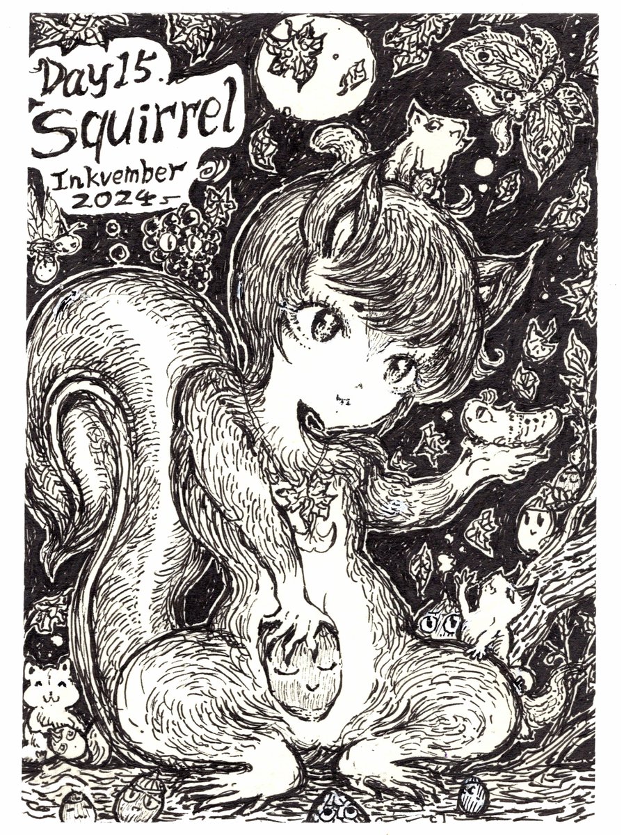 makasaga's tweet photo. インクベンバー15日目🐿️ンメェ~
本日のお題は『リス(Squirrel)』
「お、ドングリの中から虫はっけーん♪」
って感じのリスっ子ちゃん☺️彼らの手足、けっこー握力強そうでカッコええなぁ~と思ったり💕
京都の秋はまだ暖かいし、エサ集め捗りそうwチップ&デール!
#アナログ絵 #ペン画 #inkvember https://t.co/rY605j2hj4