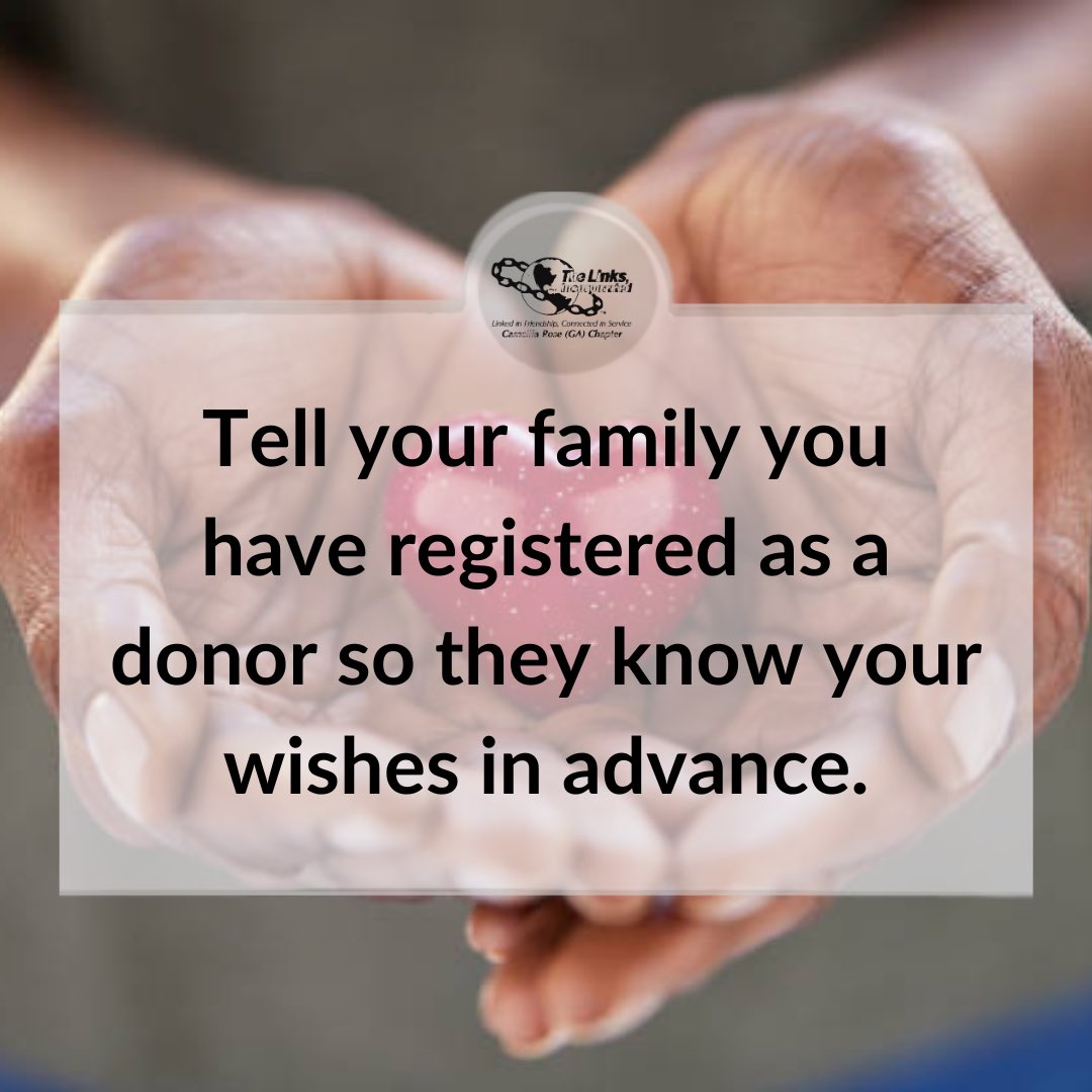 A donor registration is a legally binding decision individuals can make for themselves. It is important to tell your family members that you have registered your decision to be a donor so that they will know your wishes in advance.  
 #LinkagesToLife   #DonateLife