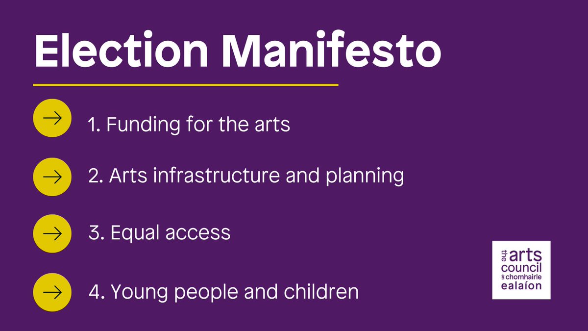 Today we are publishing our pre-election manifesto, which outlines four key priority areas relating to government investment in the arts.

View the manifesto here:  artscouncil.ie/News/Arts-Coun…