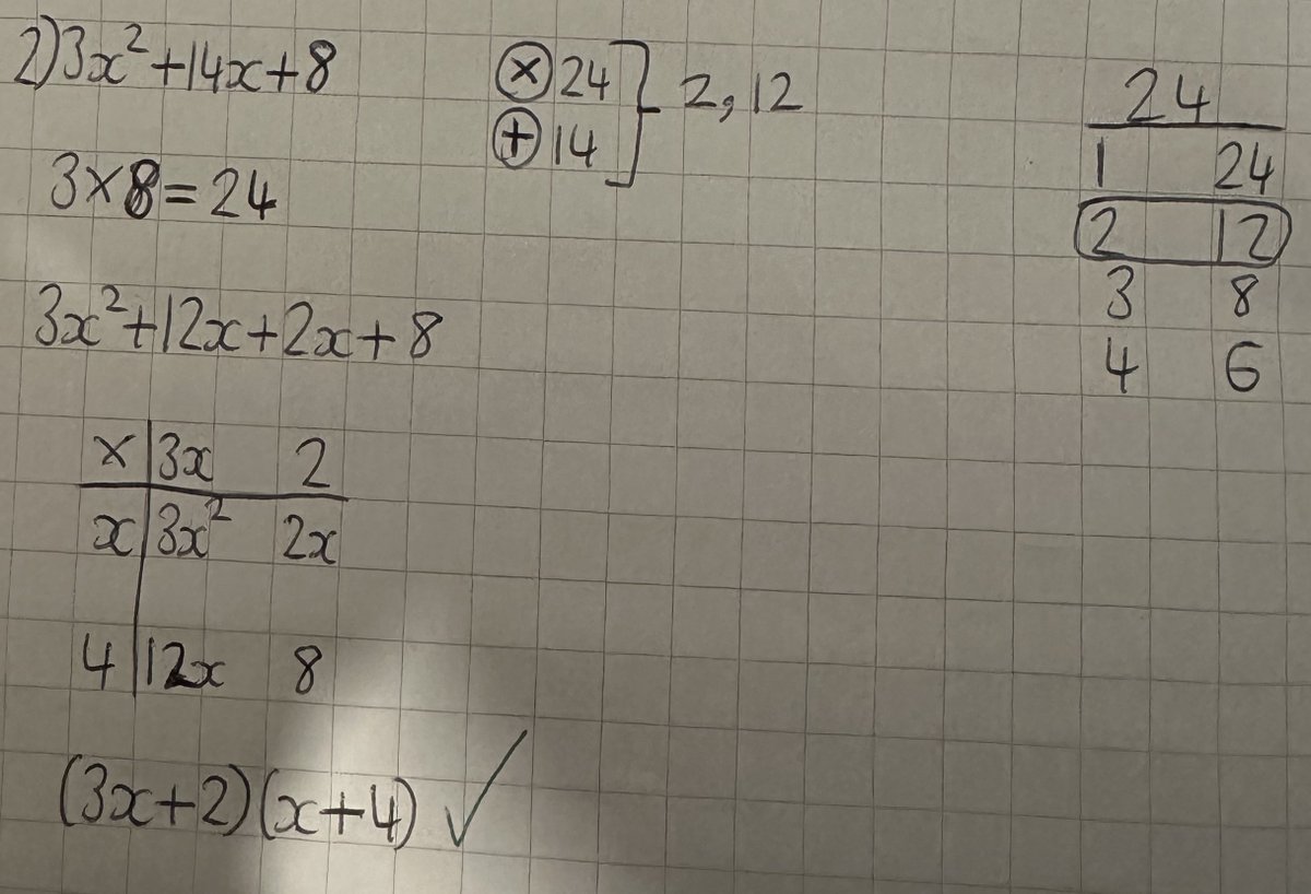 BevGrammarMaths's tweet photo. Mr O'Hara's Year 10 class have been looking at quadratic expressions this week.
Take a peek at this excellent work from Frankie M, Taluta H and Rishuv S - factorising quadratics where the coefficient of the squared term is greater than one! https://t.co/jDIQfs17qc