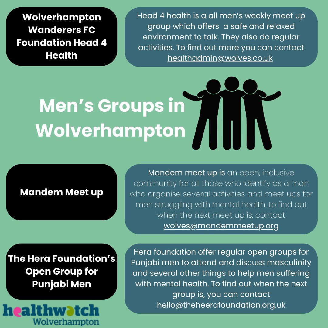 Healthwatch Wolverhampton (@hwwolverhampton) on Twitter photo We understand sometimes its not always easy to find where to get help, which is why we have done the work for you, so you don't have to.
A short list of all men's group focusing on improving mental health. 
#itsoknottobeok We understand sometimes its not always easy to find where to get help, which is why we have done the work for you, so you don't have to.
A short list of all men's group focusing on improving mental health. 
#itsoknottobeok