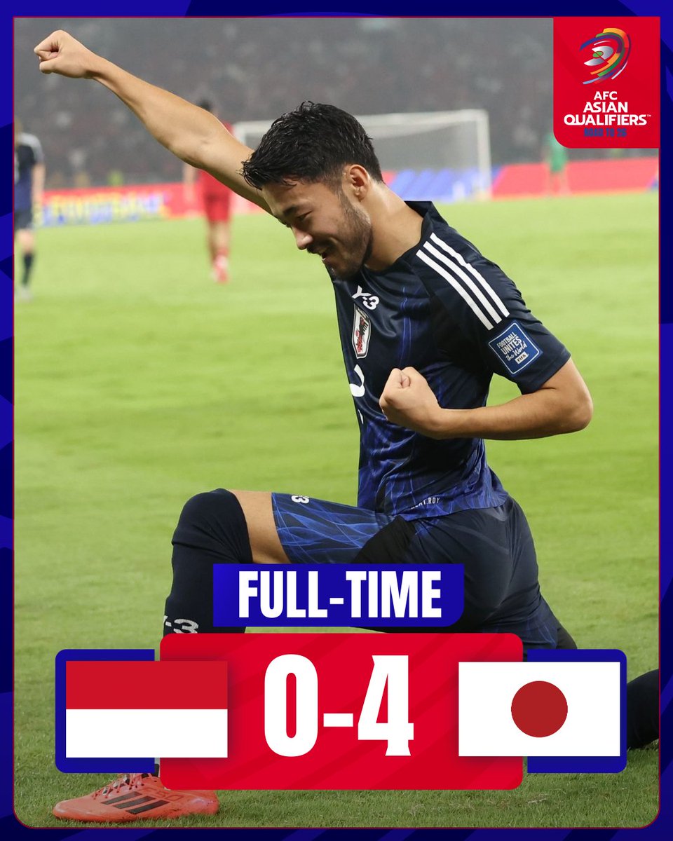 𝗙𝗧 | 🇮🇩 Indonesia 0️⃣-4️⃣ Japan 🇯🇵

A stellar performance from Japan sees them expand their lead on top of Group C! ✨

#AsianQualifiers | #IDNvJPN