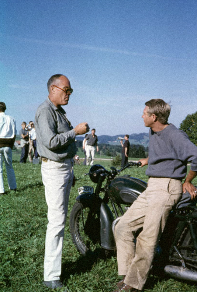 Steve McQueen and director John Sturges on the set of the 1963 epic historical war adventure film, THE GREAT ESCAPE #SteveMcQueen #Hollywood #Bullitt