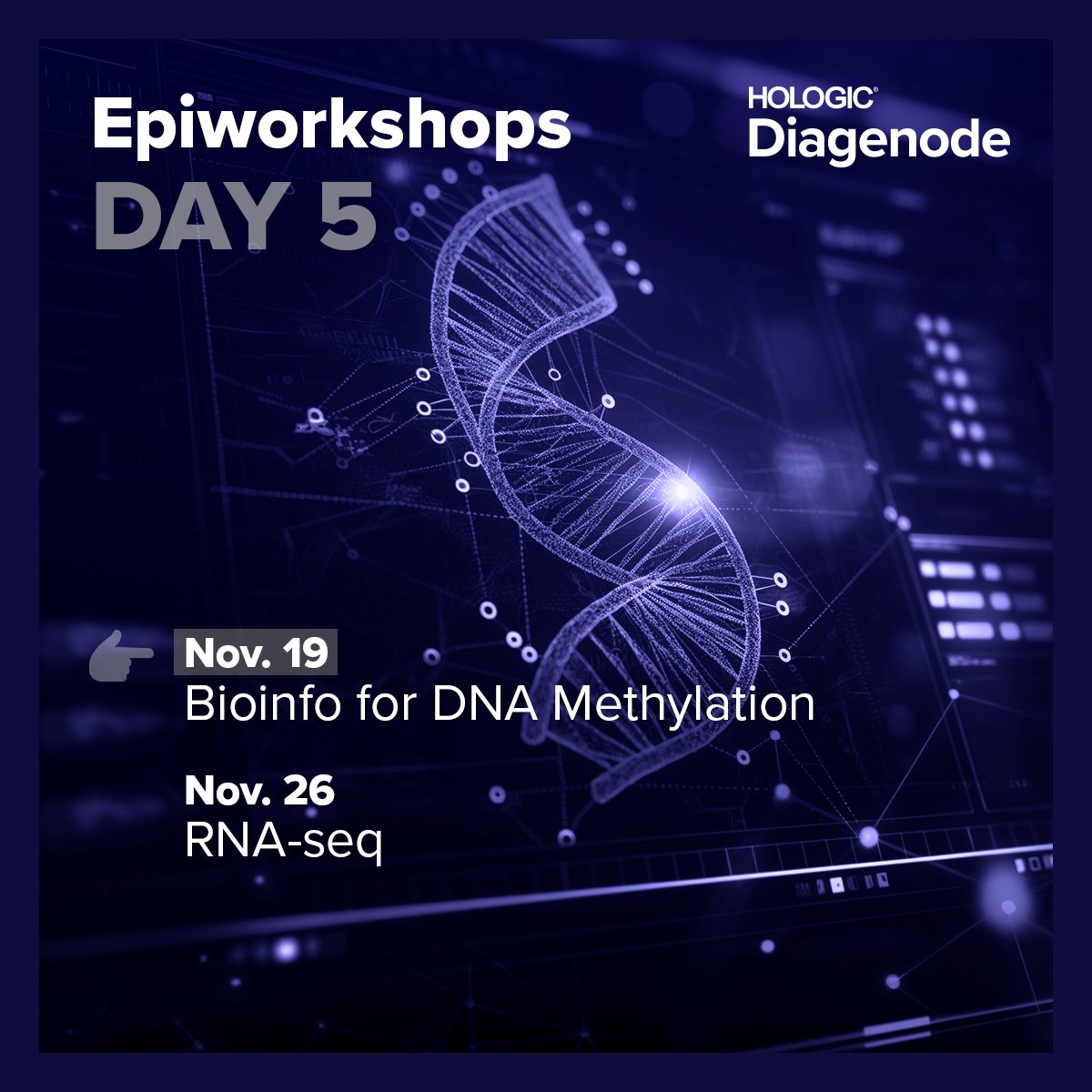 Join Us for an Exciting EpiWorkshop on Bioinfo for DNA Methylation! 

📅 Date: Tuesday, November 19th
🕒 Times: • Paris: 18:00pm • New York: 12:00pm • Los Angeles: 9:00am

Register here: go.diagenode.com/epiworkshops

#Bioinformatics #DNAMethylation #Epigenomics