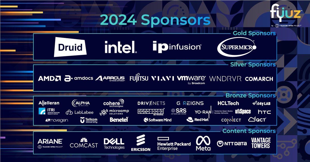 TelecomInfraP's tweet photo. Grateful for Our Content Sponsors at #Fyuz24! 🚀

As we reflect on the success of #Fyuz24, we want to give a special shout-out to our Content Sponsors:

Ariane, @comcast, @Dell, @ericsson, @HPE, @Meta, @NTTDATA, @VantageTowers

#TelecomInnovation #OpenRAN #TelecomInfraProject https://t.co/cJSMx58Bi1
