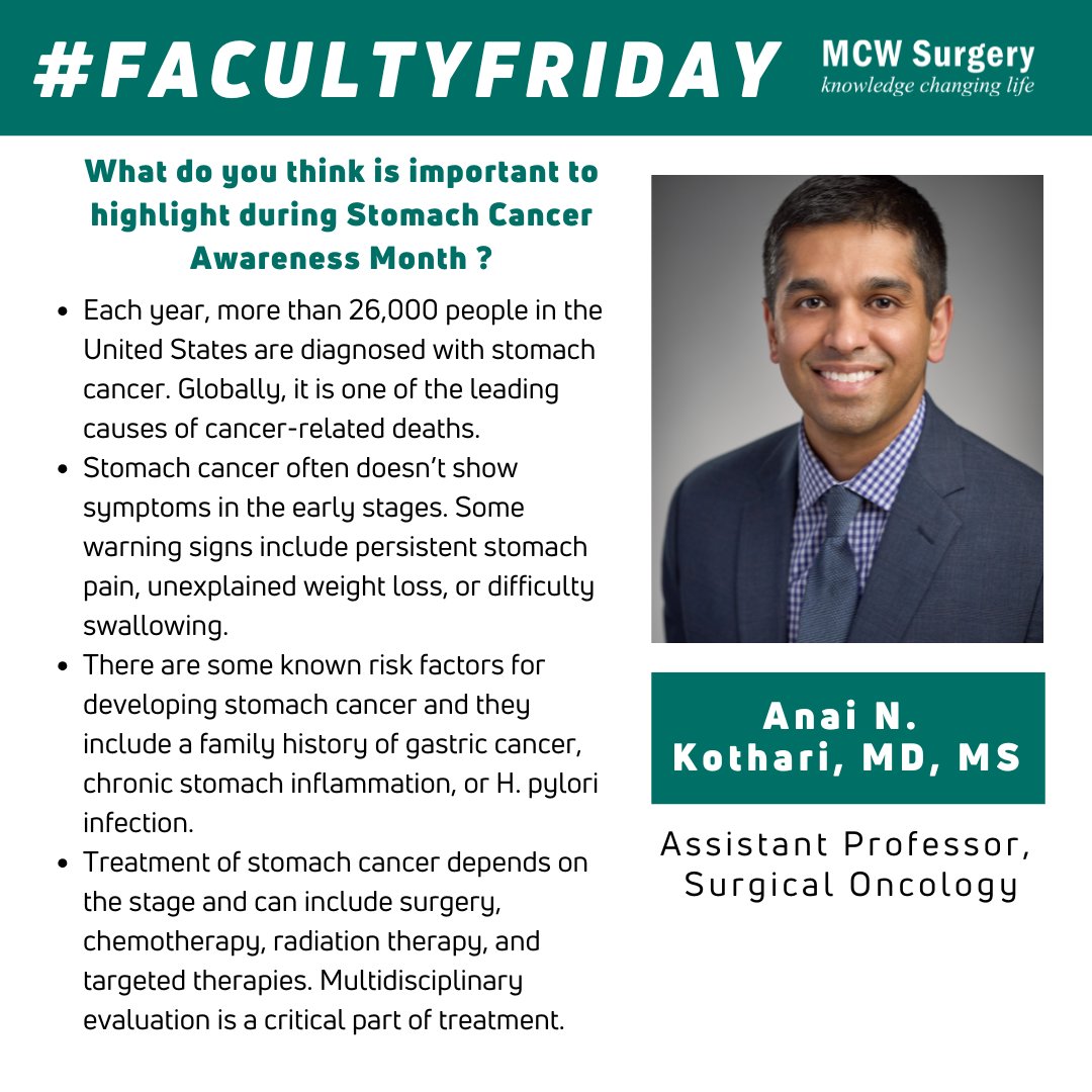 MCW Surgery (@mcwsurgery) on Twitter photo In light of #StomachCancerAwarenessMonth, we are featuring <a href="/anaikothari/">Anai N. Kothari</a> for #FacultyFriday! Read on to see what he believes are key factors in stomach cancer awareness! #LeadingTheWay <a href="/mcwsurgonc/">MCW SurgicalOncology</a> <a href="/anai_lab/">AN.AI Lab</a> In light of #StomachCancerAwarenessMonth, we are featuring <a href="/anaikothari/">Anai N. Kothari</a> for #FacultyFriday! Read on to see what he believes are key factors in stomach cancer awareness! #LeadingTheWay <a href="/mcwsurgonc/">MCW SurgicalOncology</a> <a href="/anai_lab/">AN.AI Lab</a>