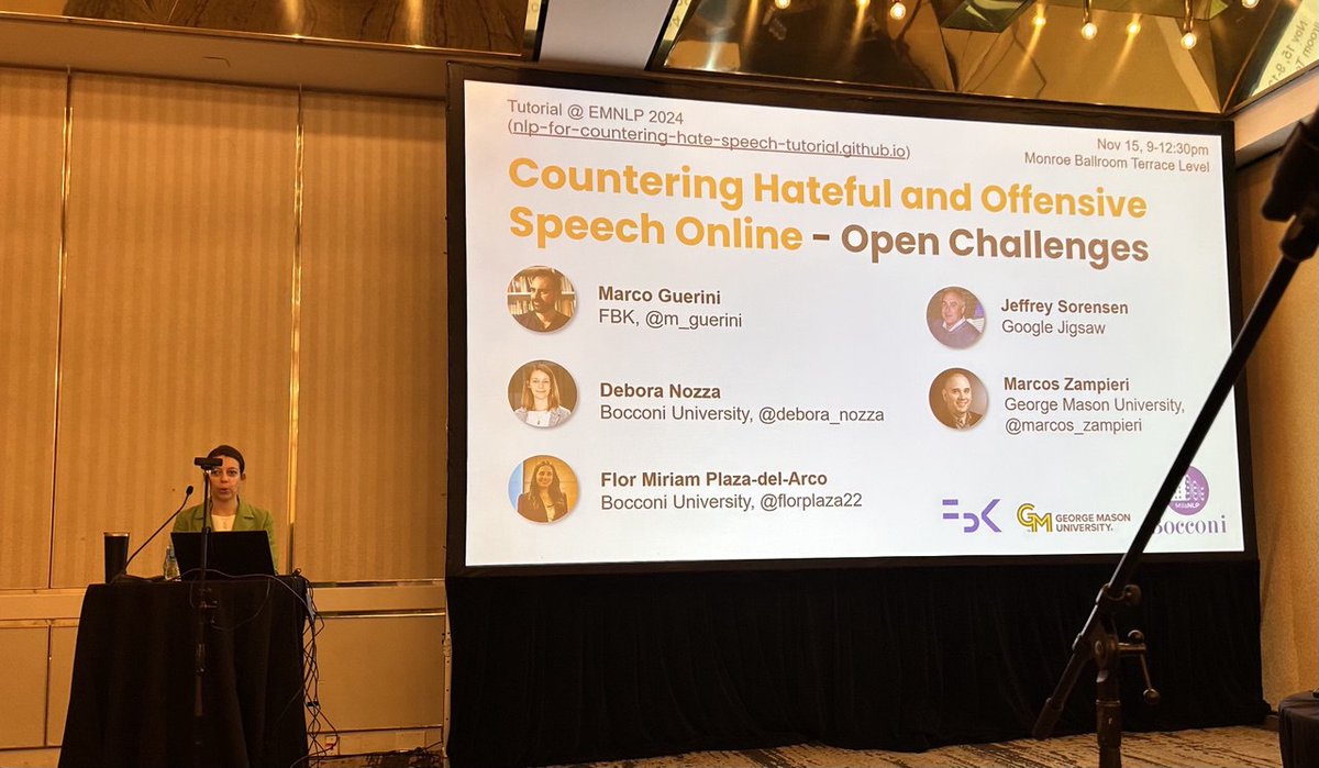 The #EMNLP2024 tutorial "Countering Hateful and Offensive Speech Online – Open Challenges" is starting now with opening remarks by <a href="/debora_nozza/">Debora Nozza</a>