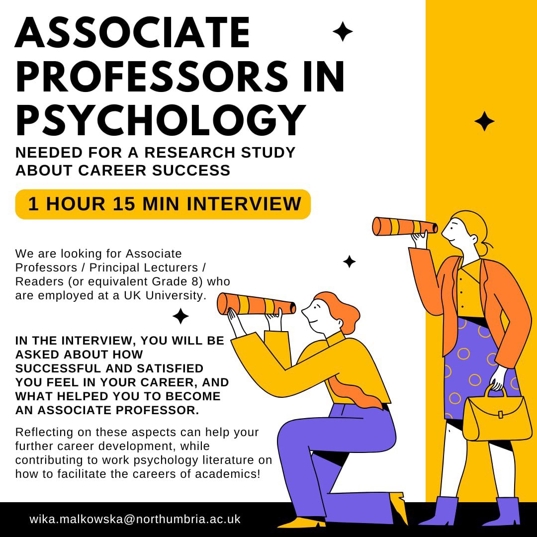 If you're a psychology associate prof in the UK, please consider participating in a 1h interview about your career! Part of a PhD researching what makes people successful! Register interest here: nupsych.qualtrics.com/jfe/form/SV_b2…