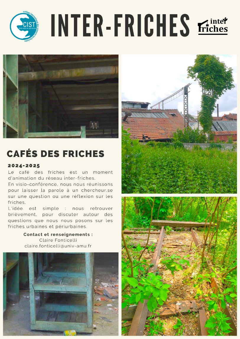 CIST (@fr2007_cist) on Twitter photo 18/11 @ 13h30 (visio) - Café des friches du réseau inter-friches avec Michaël Bianchi <a href="/fUniversiteLieg/">Université de Liège</a> <a href="/ReD_ULiege/">Réseau des Doctorant·es de l'Université de Liège</a>
#Friches et #appropriations du refoulé #urbain : amorces pour une discussion
cist.cnrs.fr/events/friches… 18/11 @ 13h30 (visio) - Café des friches du réseau inter-friches avec Michaël Bianchi <a href="/fUniversiteLieg/">Université de Liège</a> <a href="/ReD_ULiege/">Réseau des Doctorant·es de l'Université de Liège</a>
#Friches et #appropriations du refoulé #urbain : amorces pour une discussion
cist.cnrs.fr/events/friches…