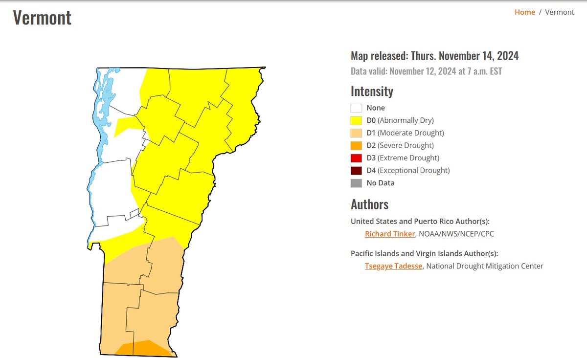 The US drought map shows parts of southern VT in sever drought. Debris burning is the southern 4 counties remains closed. Fire danger is Very High and a Red Flag Warning is in effect for parts of VT. Report smoke or fire to 911. #OnlyYou #PreventWildfire 🔥🚫