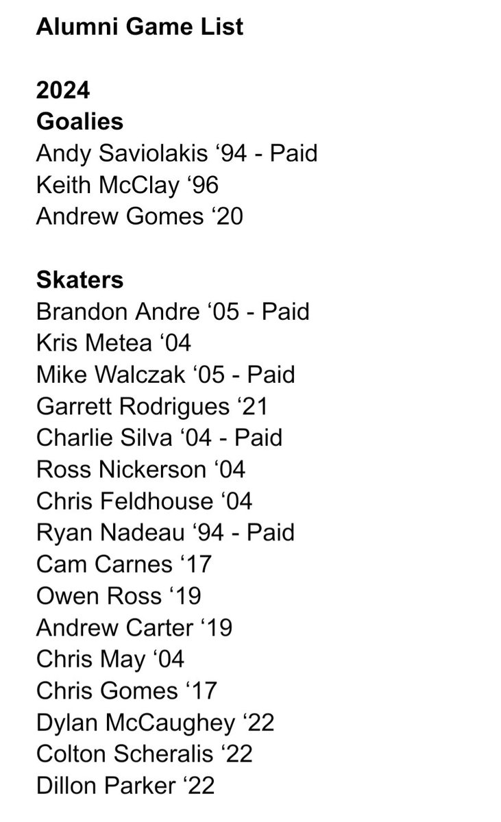 CoachMetea's tweet image. The Alumni Game is coming up! It is on Thanksgiving Eve, Wednesday November 27th. 5-7pm. Cost $30. All proceeds go directly to the Faceoff Club. 

Note time change to accommodate people working! Kick off the evening with a a great skate. 

Below is who have committed thus far.
