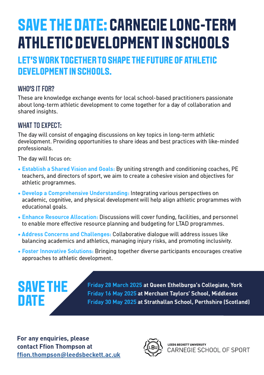 Dr. Ffion Thompson (@ffionthompson) on Twitter photo 🚨 SAVE THE DATE: Carnegie Long-Term Athletic Development in Schools Knowledge Exchange Events
Join <a href="/Carnegie_Sport/">Carnegie School of Sport</a> across different locations in the UK to share and discuss topics to help enhance long-term athletic development within schools. 🚨 SAVE THE DATE: Carnegie Long-Term Athletic Development in Schools Knowledge Exchange Events
Join <a href="/Carnegie_Sport/">Carnegie School of Sport</a> across different locations in the UK to share and discuss topics to help enhance long-term athletic development within schools.